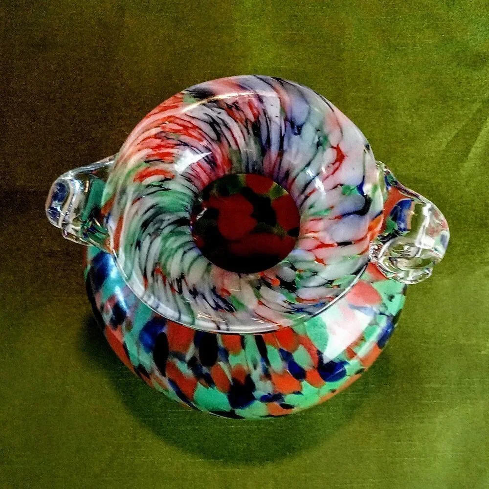 Multicolor Hand Blown 2-Handle Art Glass Jug Vase